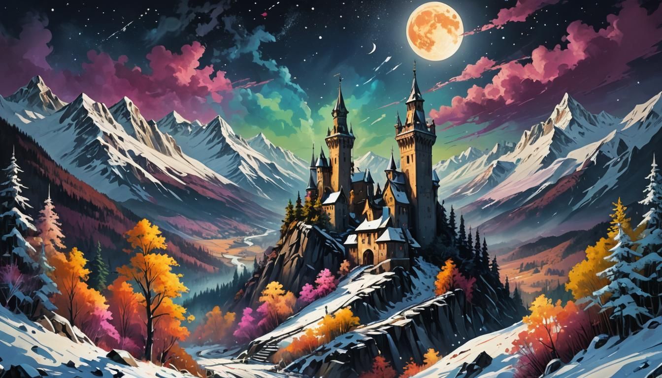 Snowy Mountains Landscape with Tower in Graffiti Art