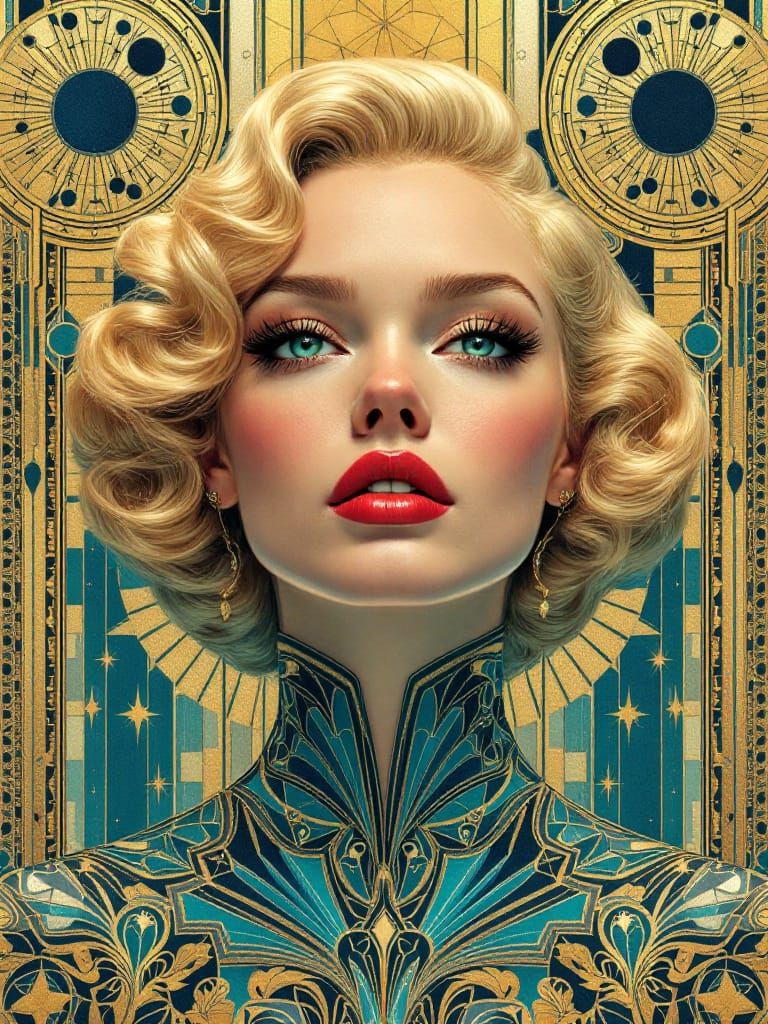 Art Deco Pin-Up Woman with Radiant Geometric Style