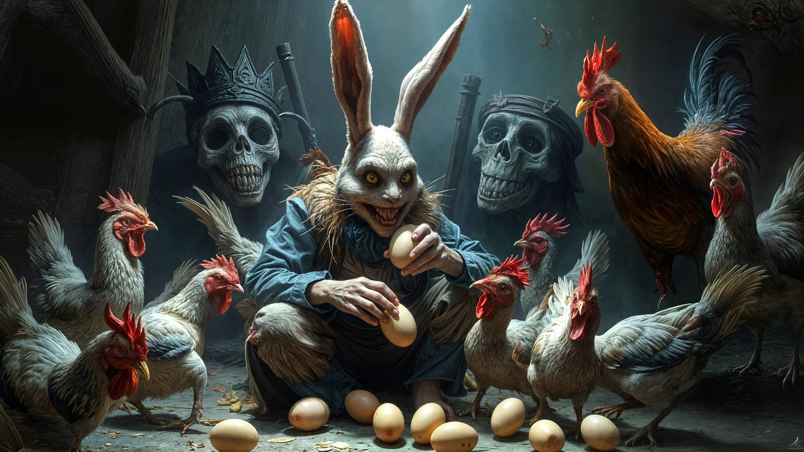 Easter Bunny Terrorized by Rooster and Hens in Dark, Gothic ...
