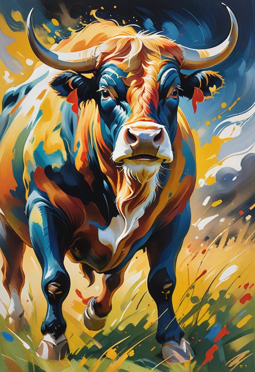 Fierce Bull Running: Vibrant Expressionist Gouache Painting