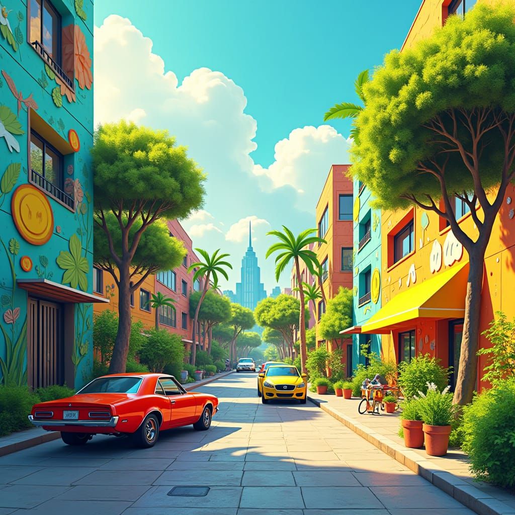 Eco-Friendly Cityscape Graffiti Mural in Fantasy Art Style