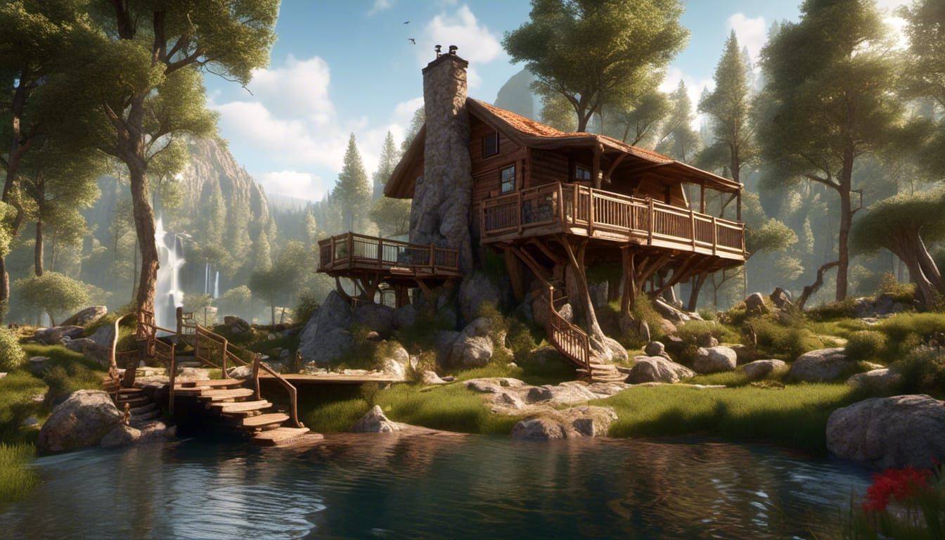 Rustic Treehouse with Waterfall in Photorealistic Style