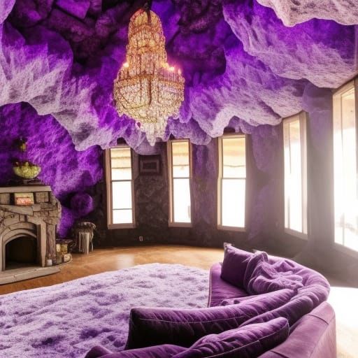 Amethyst crystal cave with living quarters with Beautiful purple lights& purple furniture& amethyst tables with amethyst...