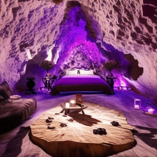Amethyst crystal cave with living quarters with Beautiful purple lights& purple furniture& amethyst tables with amethyst...