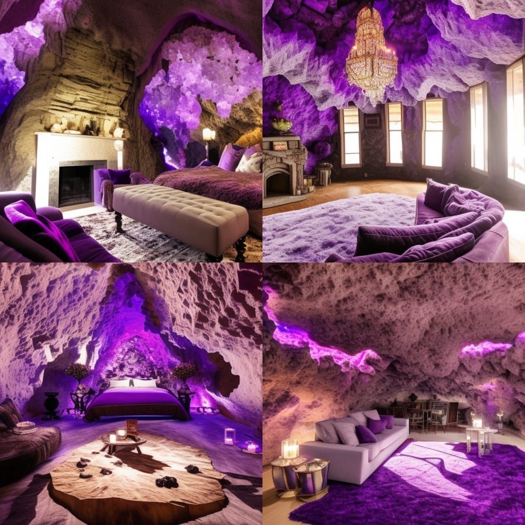Amethyst crystal cave with living quarters with Beautiful purple lights& purple furniture& amethyst tables with amethyst...