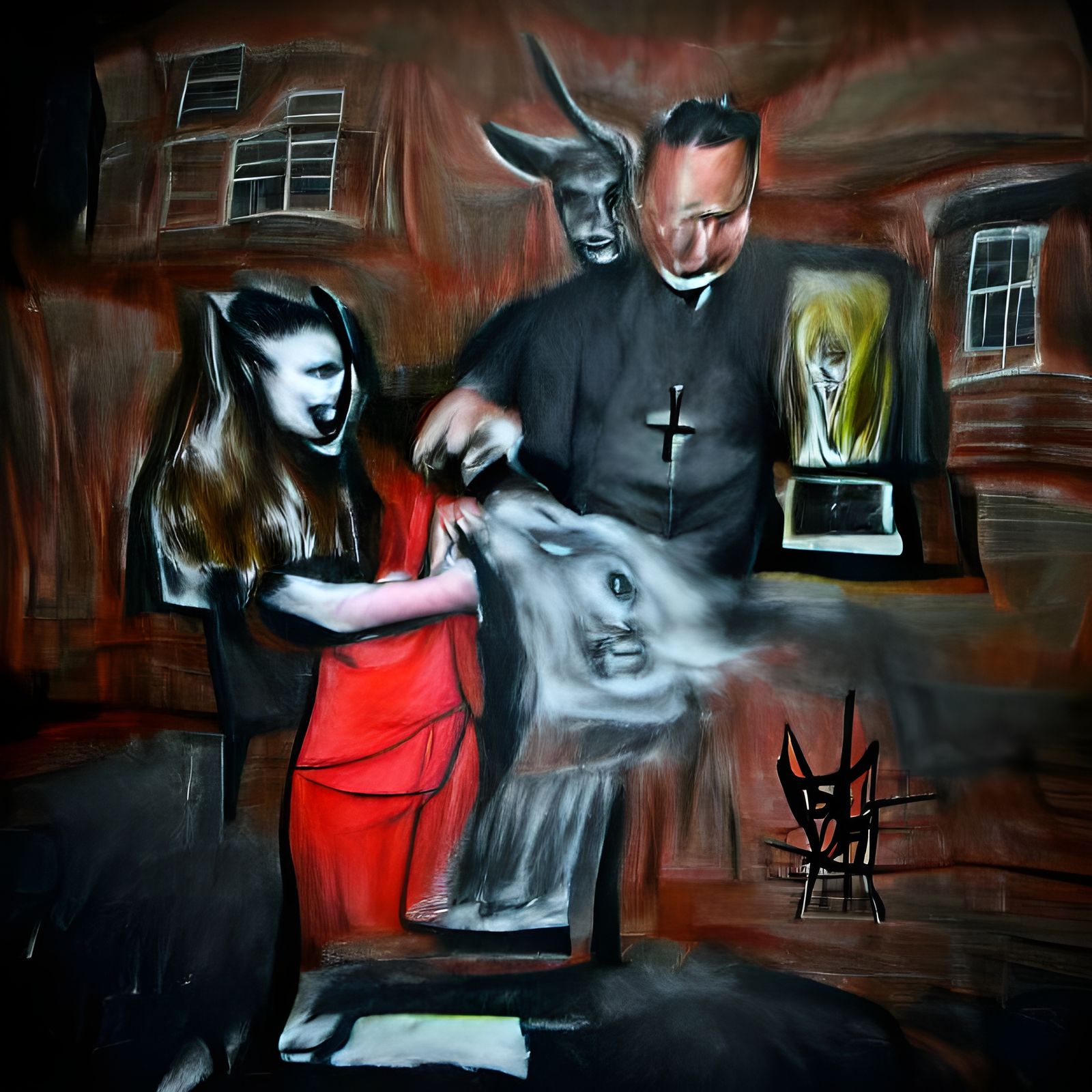 Dramatic Exorcism Scene in Film Noir Style