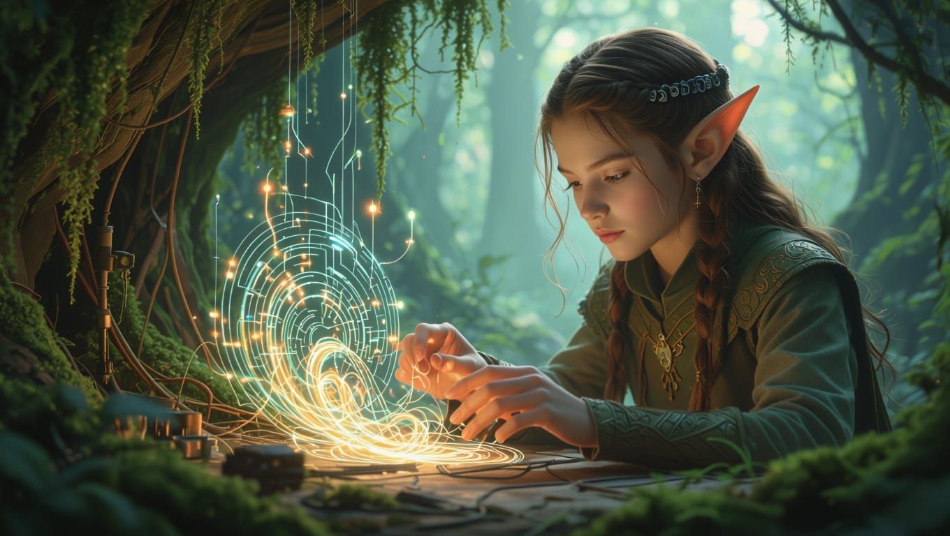 Elf Weaver of Ethereal Circuitry in Hidden Forest Lab