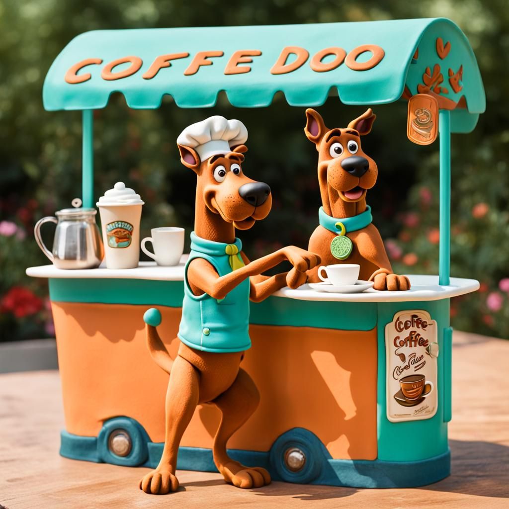 Scooby-Doo at Coffee Stand in 3D Clay Style