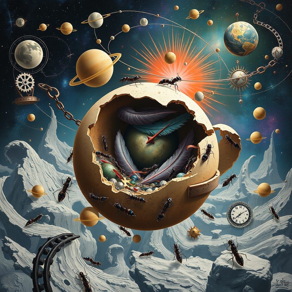Surreal Cosmic Ants and Egg-Planets in Dalí-Escher Style