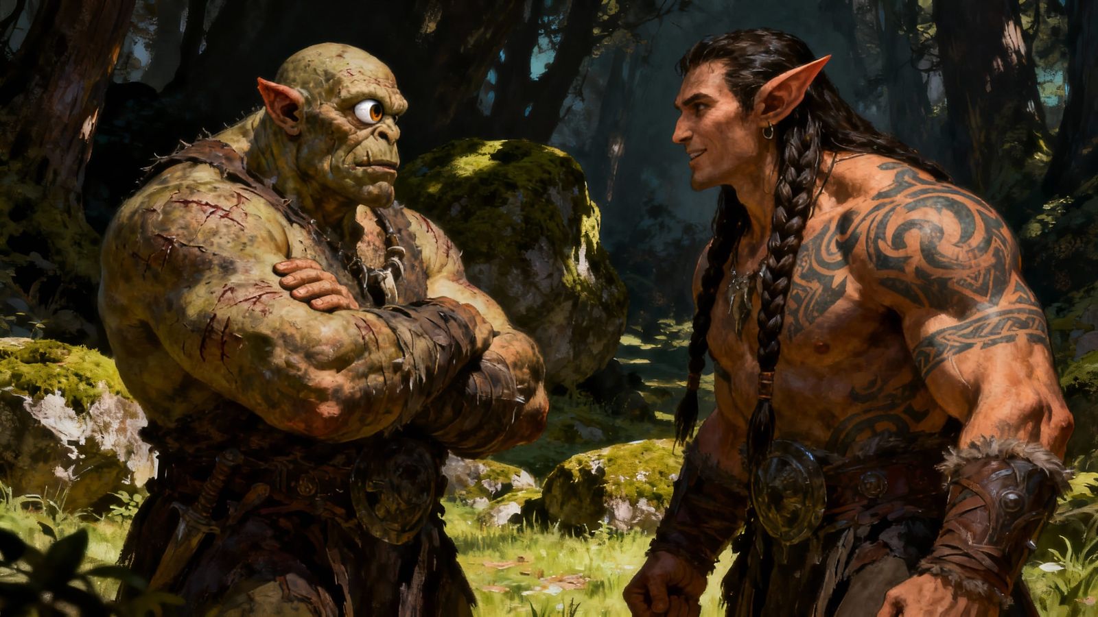 Muscular Cyclops & Elf in Enchanted Forest