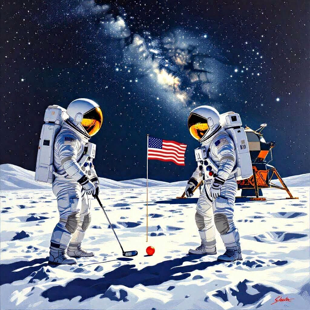 Astronauts Golfing on the Moon in Sci-Fi Style