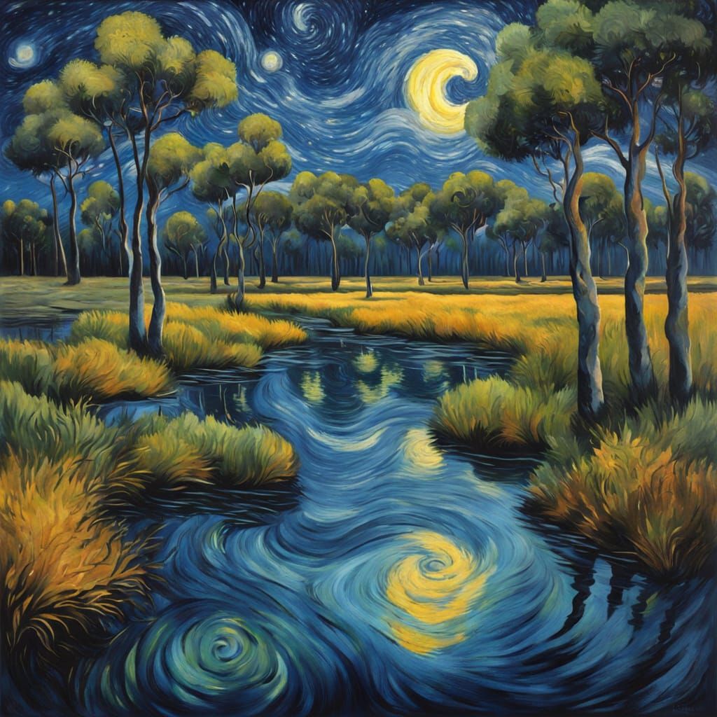 Starry Night Landscape with Billabong in Van Gogh Style