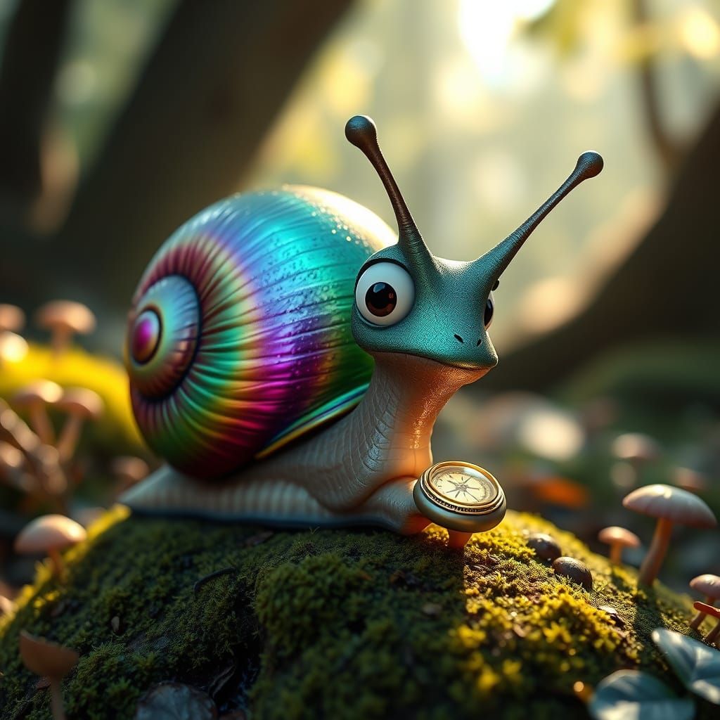 Whimsical Snail Discovering Magical Compass in Forest