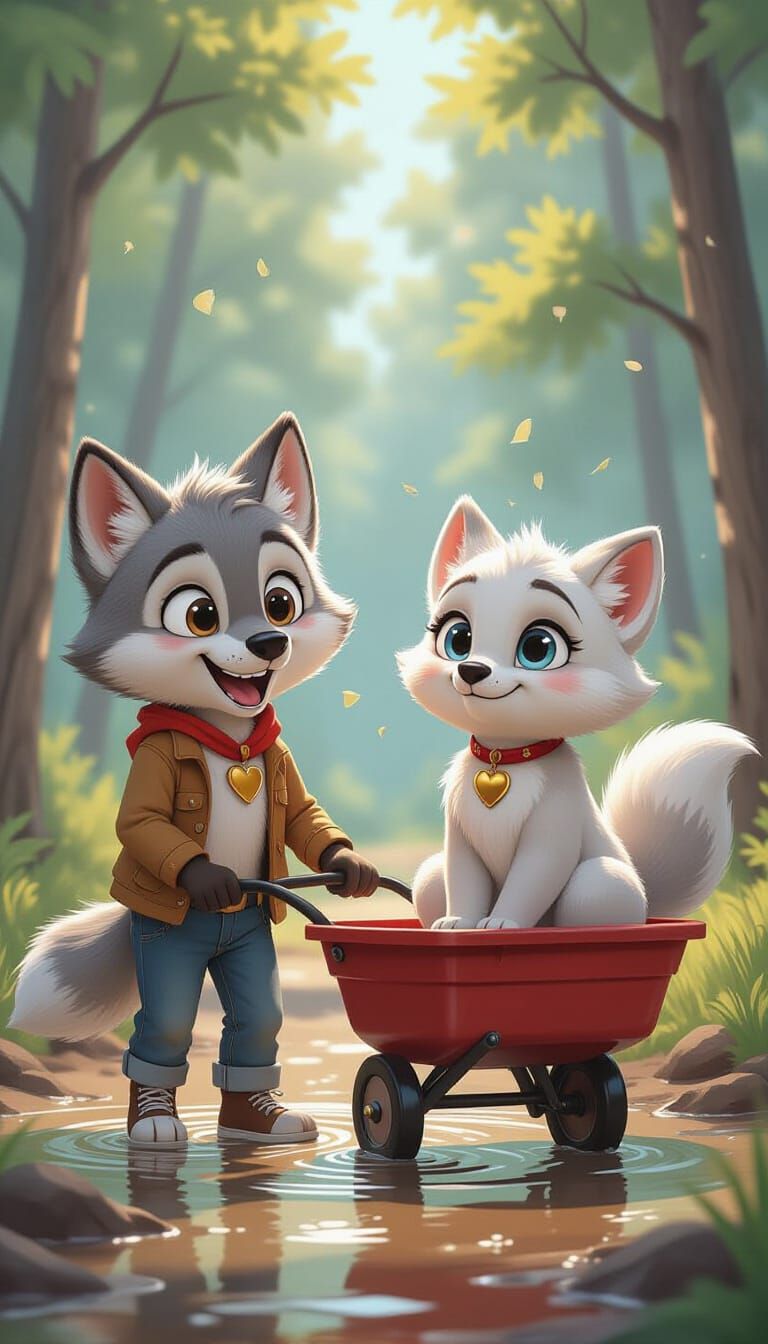 Cute Cartoon Wolf Pushes Snow Leopard Girl in Wheelbarrow