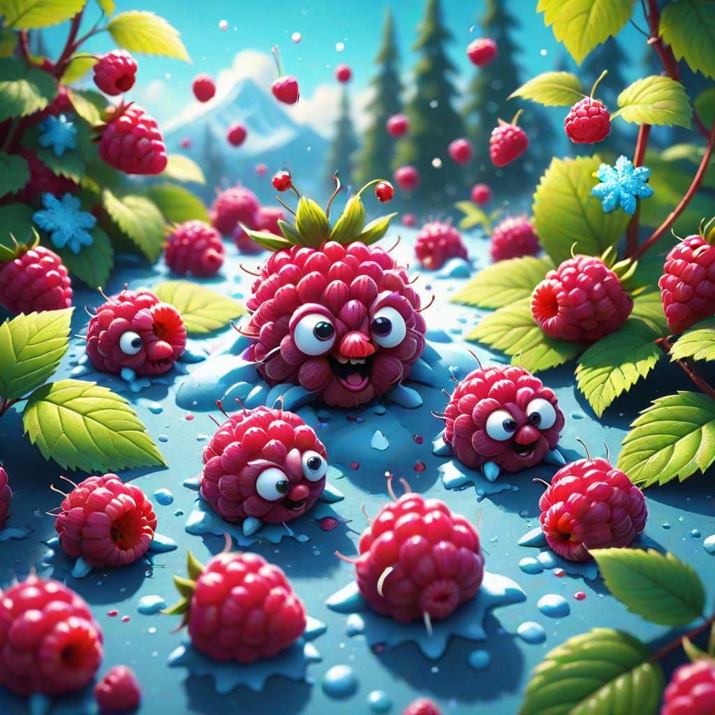 Raspberry Snowflake Critters in Pixar Splash Art Style