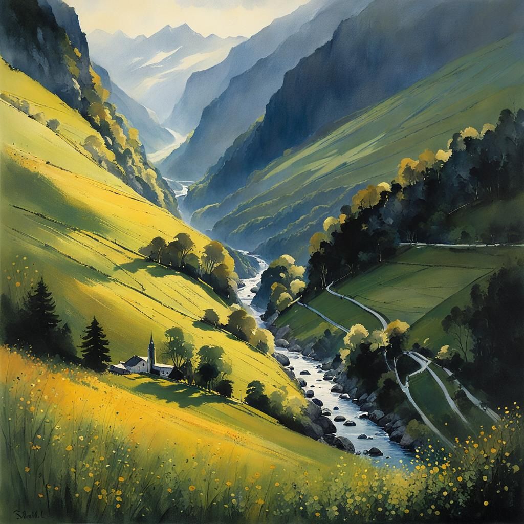 Bernese Oberland Gorge at Evening, in Watercolor Style
