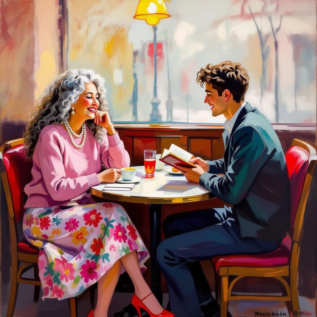 Elderly Woman and Young Man Laughing in Restaurant