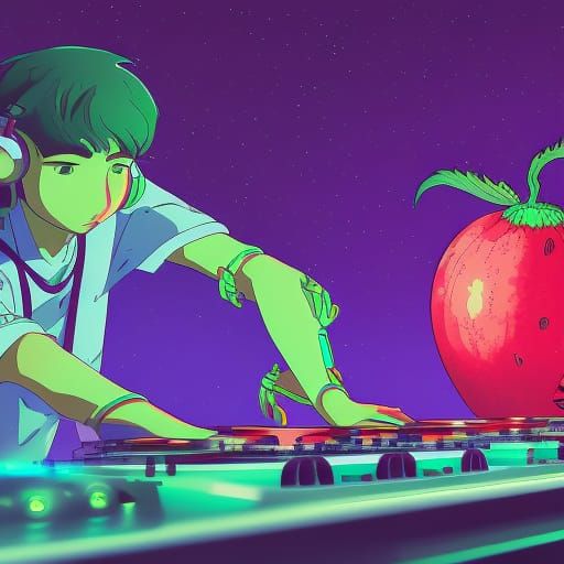 Alien DJ with watermelon theme on Yalda night Studio Ghibli,...