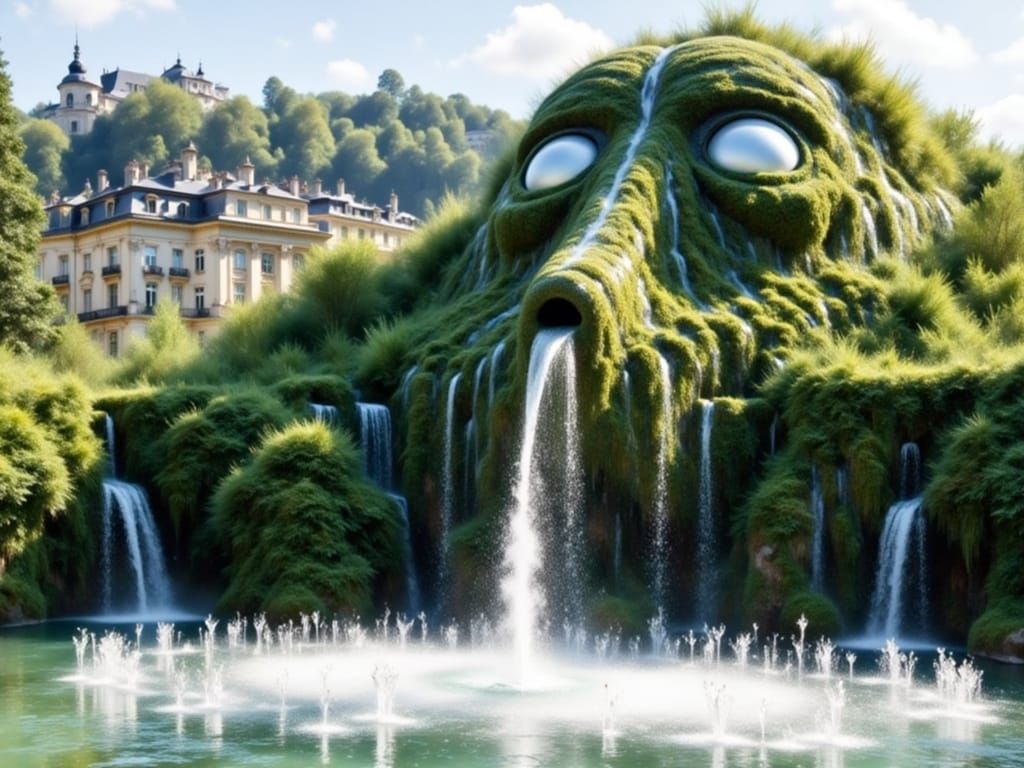 Moss-Covered Swarovski Fountain in Impressionist Style