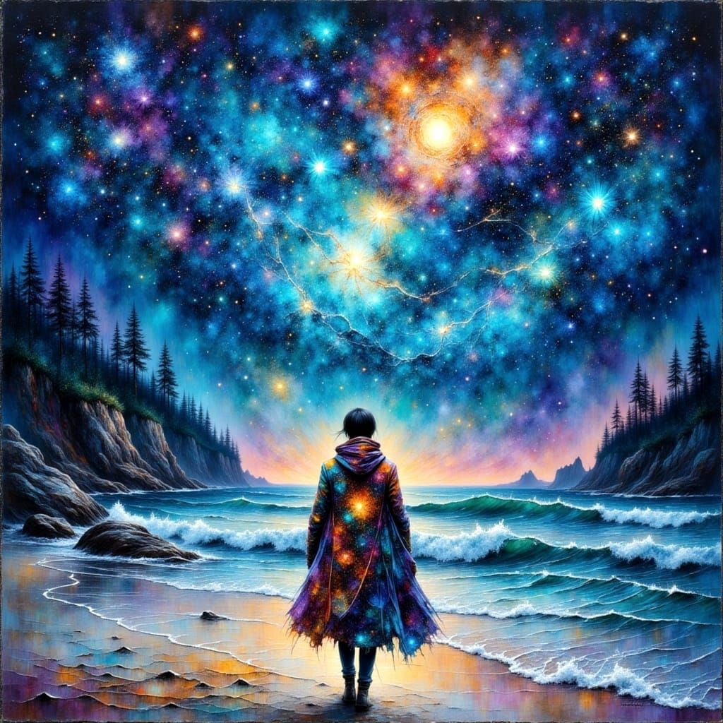 Cosmic Beach Scene with Impasto Brushstrokes