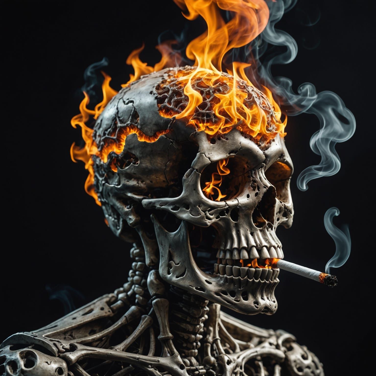 Flaming Skull Smoking in Hyperrealistic Style