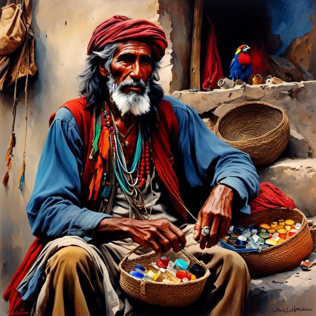 Vintage Gypsy Man Selling Trinkets