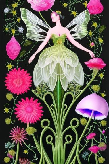 Fairy with Birds and Flowers Botanical Illustration