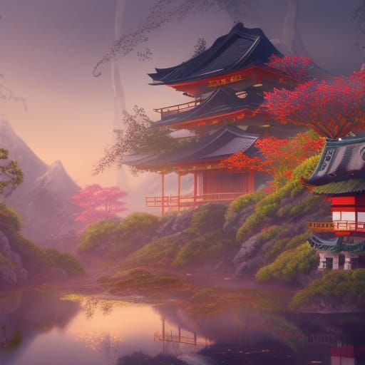 Fantastical Japanese Scene in Detailed Matte Painting
