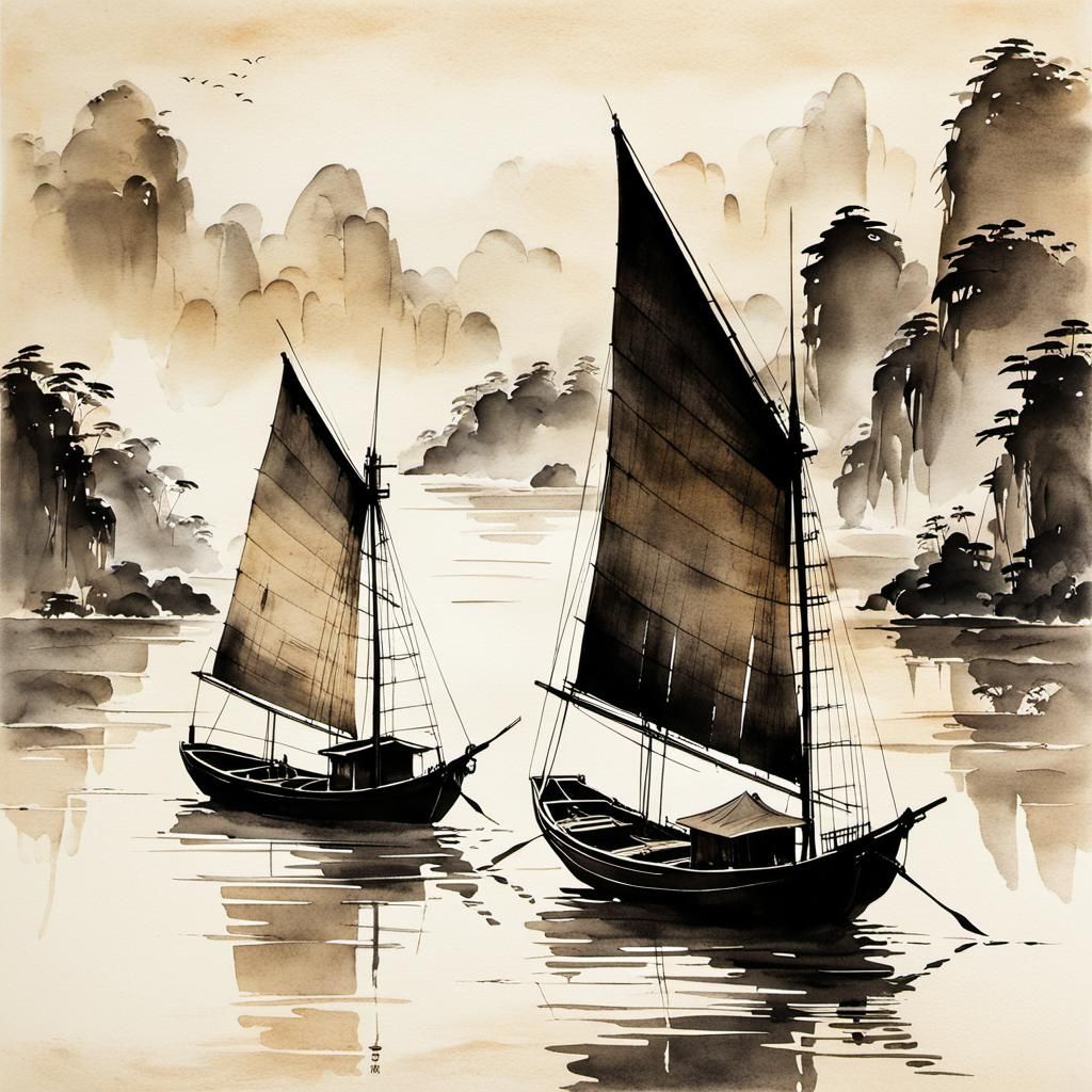 Chinese Junk Ships in Ink Wash Painting