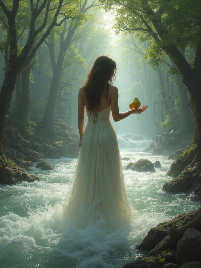 Seductive Woman Offers Forbidden Fruit Amidst Towering Trees...