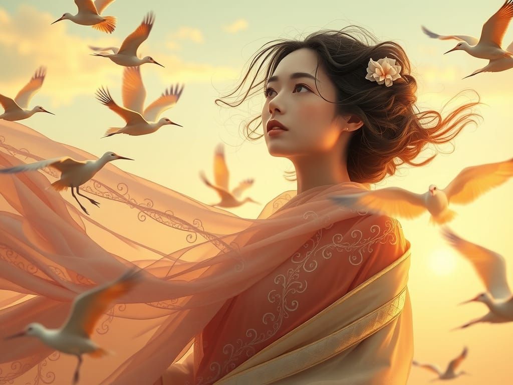 Spring's Whisper: Ethereal Woman Amidst Whirling Cranes