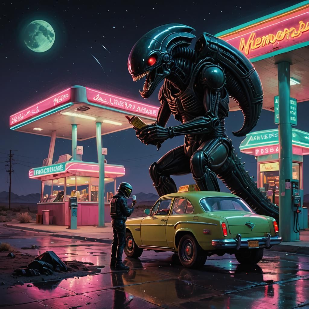 Retro-Futuristic Alien at a Neon Gas Station