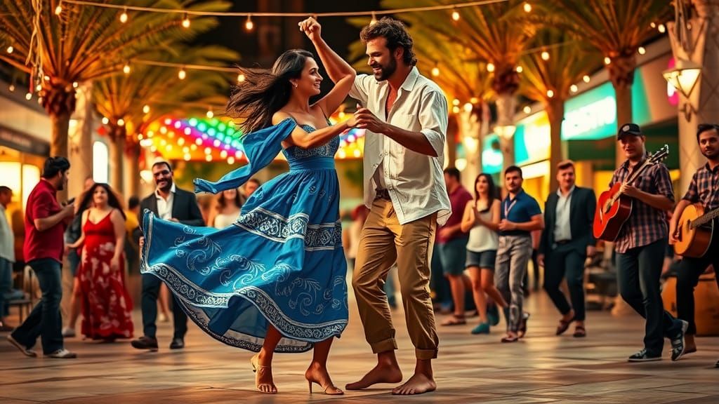 Salsa Dance Under Festive Lights, Rivera-inspired Art