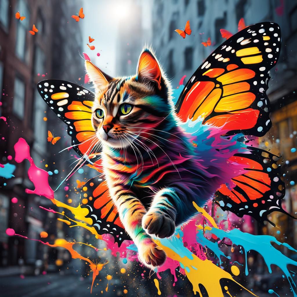 Cat Leaping at Butterfly in Graffiti Art