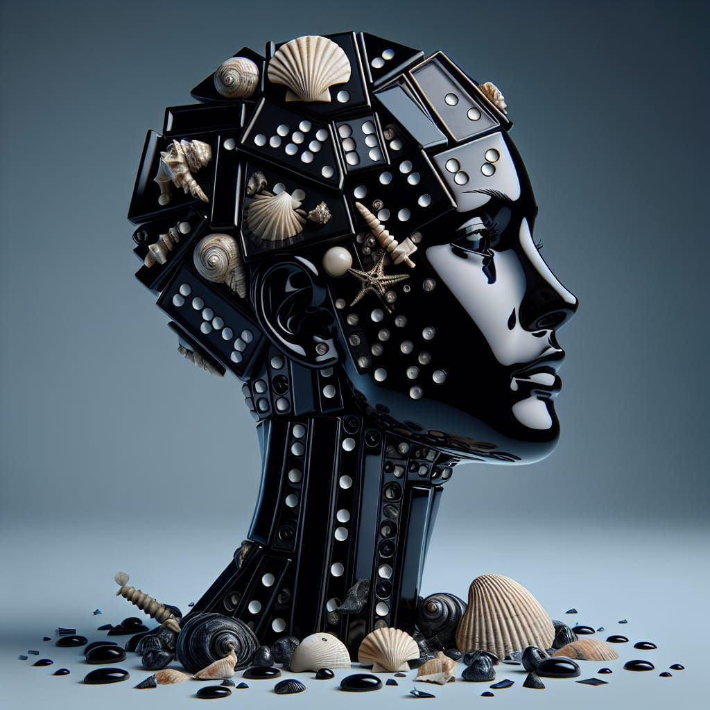Surreal Anatomical Head Crafted from Dominoes and Shells