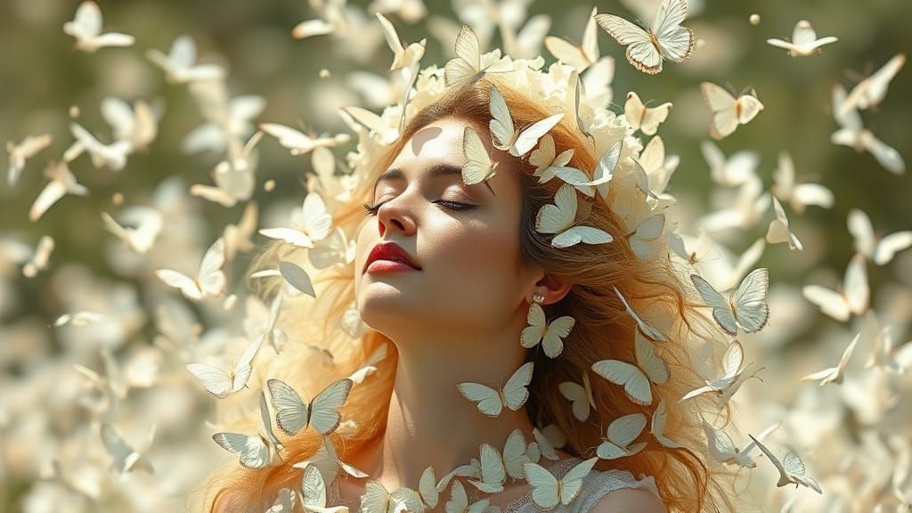 Surrealist Woman Enveloped in a Dance of White Butterflies
