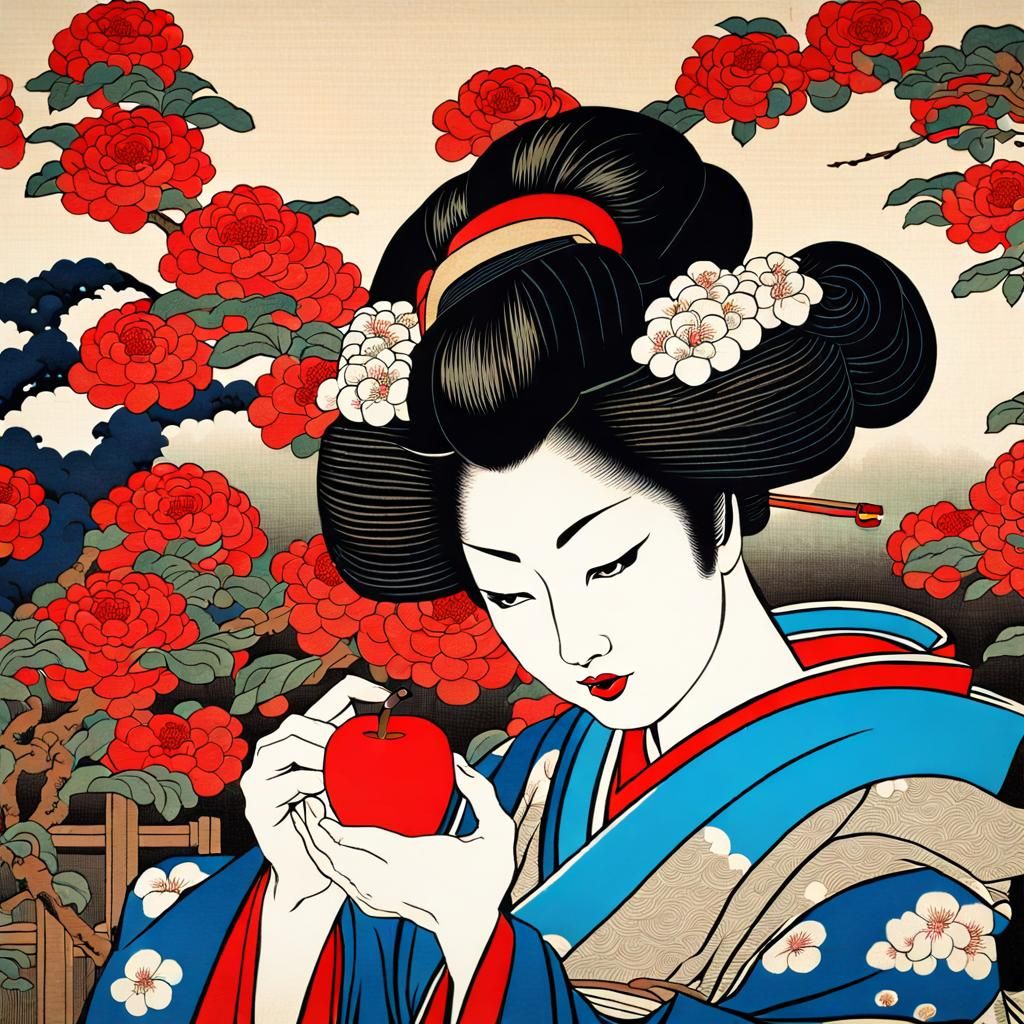 Geisha in Flower Garden: Ukiyo-e Woodblock Print