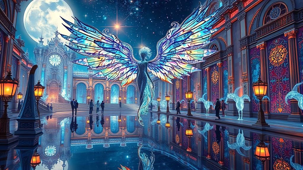 Winged Being Celebrates Luminescence in Art Deco City