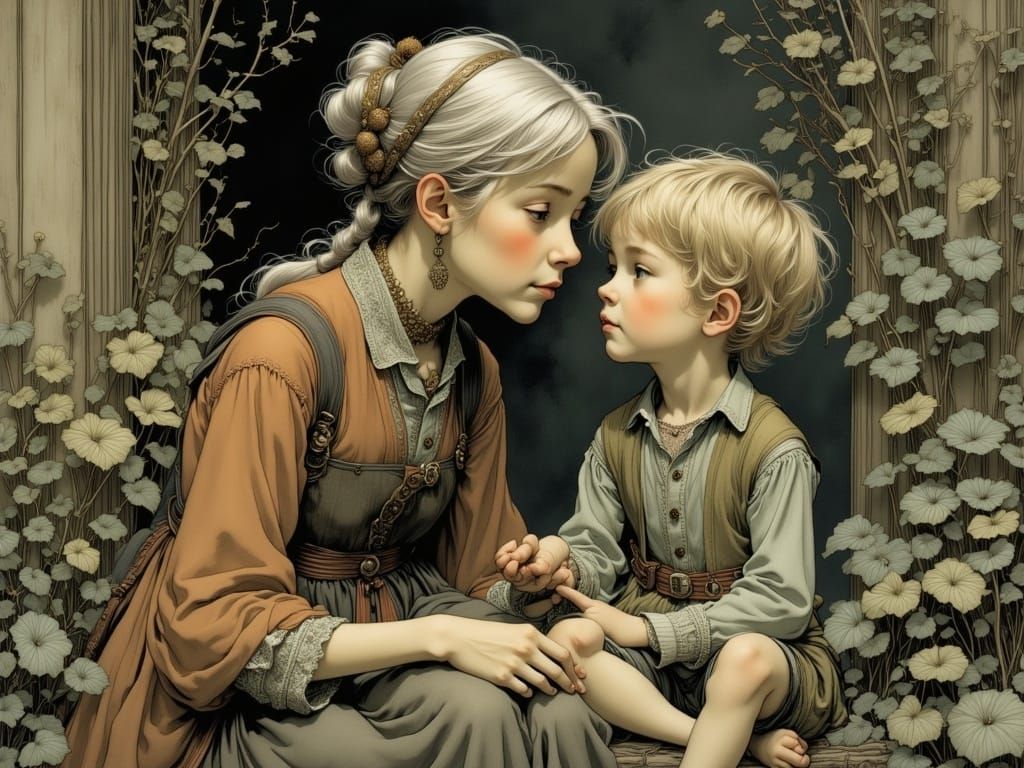 Grandmother Comforts Grandchild in Fantasy Illustration Styl...