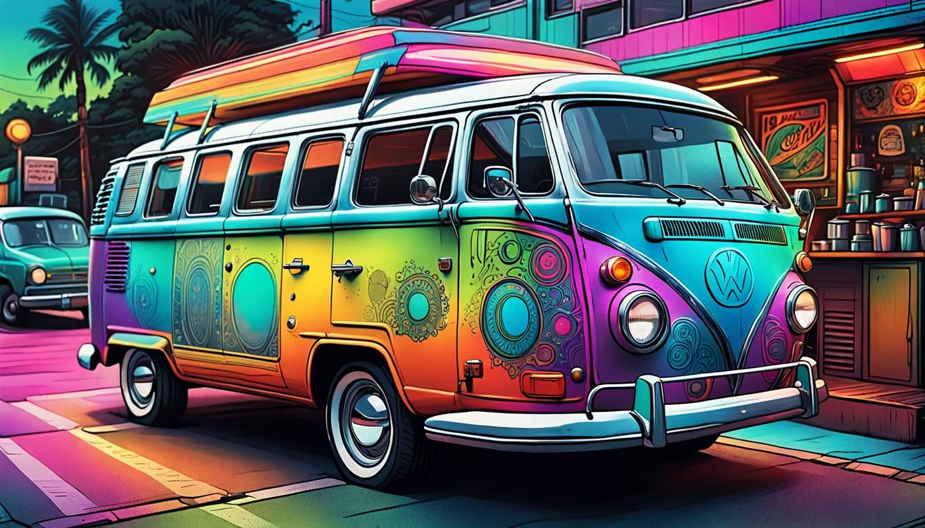 Retro-Futuristic Hippie Van in Neon Glory