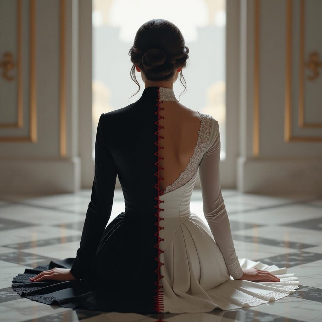 Woman Bisected: Digital Matte Painting with Red Stitching