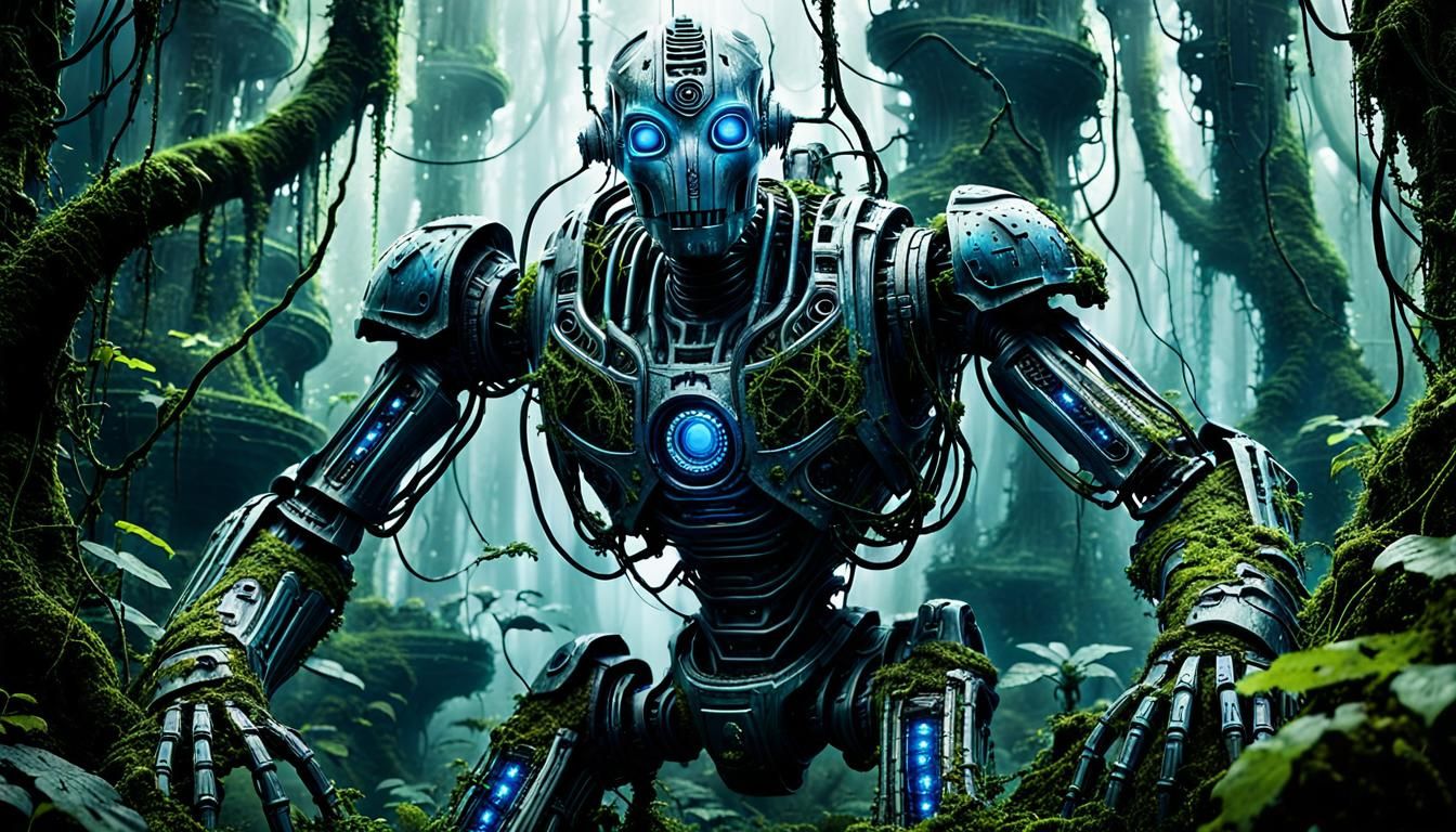 Ancient Robot Awakens in Misty Jungle, Biomechanical Art