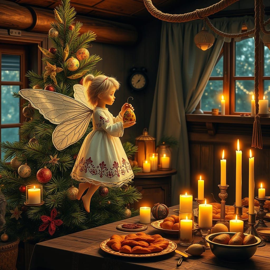 Vibrant Ukrainian Christmas Scene with Whimsical Sprite