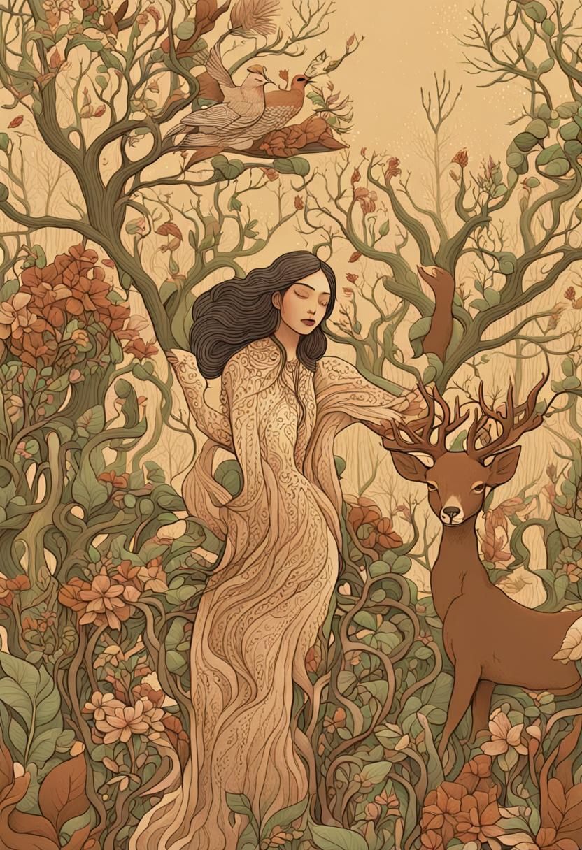 Pagan Woman in Forest with Birds and Deer