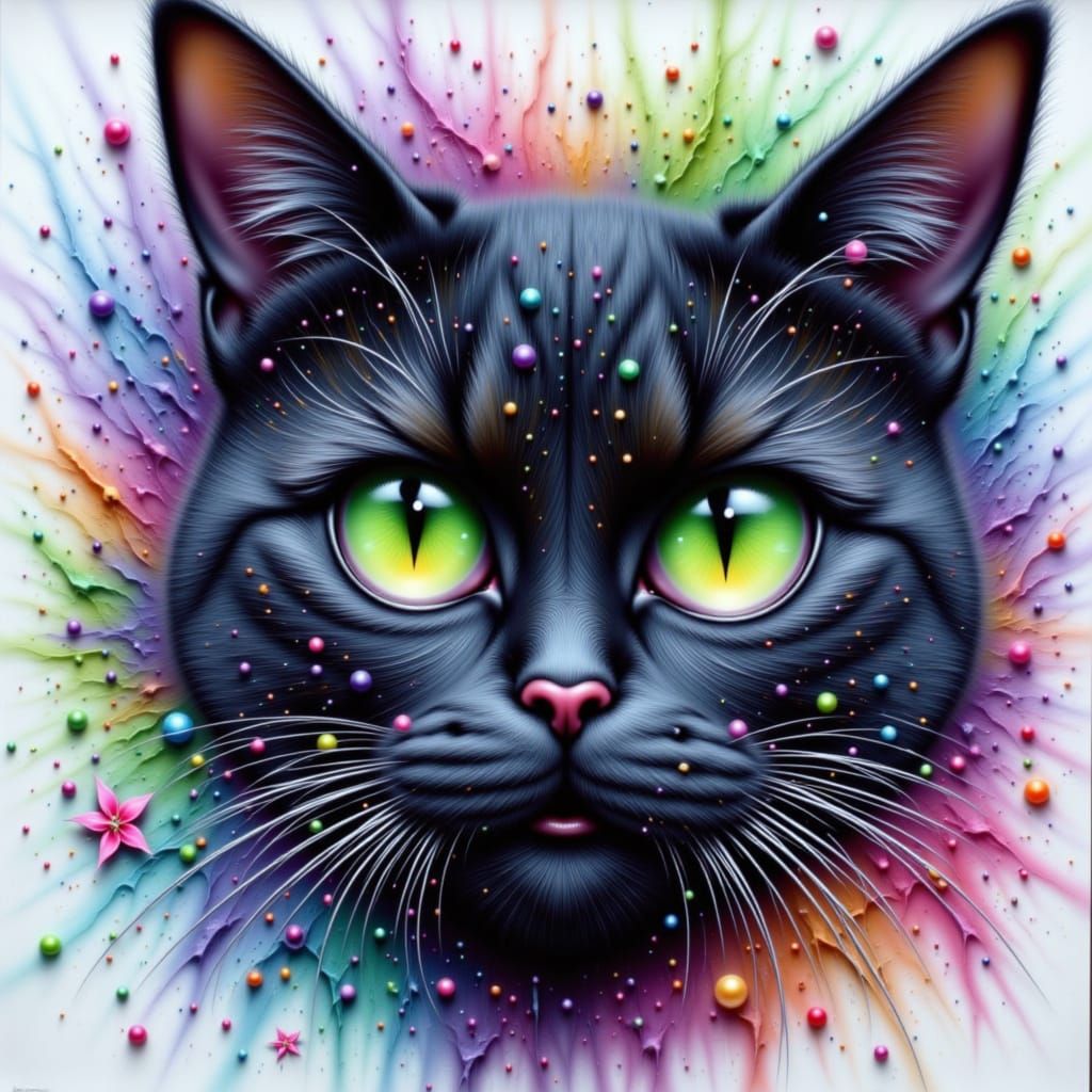 Macro Close-Up of Black Cat with Green Eyes