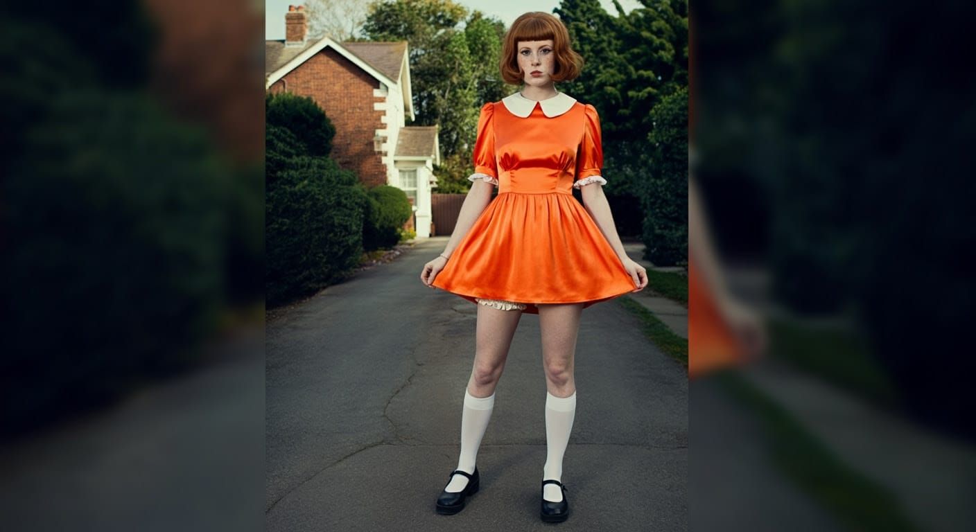 Ginger-Haired Woman Embodies 1970s Chic in Suburban Setting