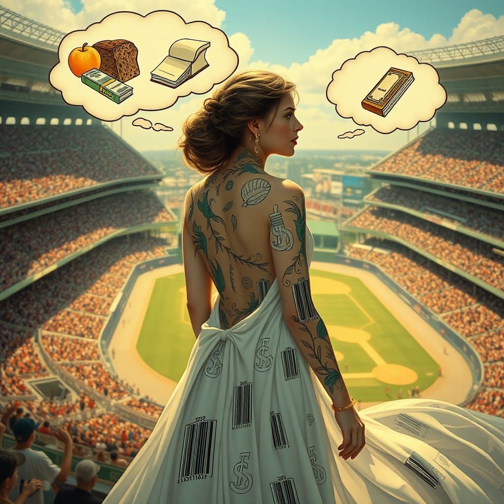 Barcoded Woman in Art Nouveau Baseball Dreamscape