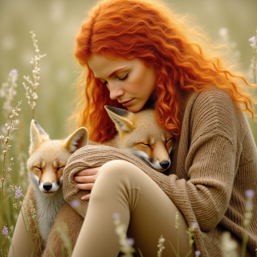Girl Cradles Baby Foxes in Wildflower Meadow