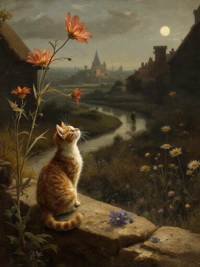 Adorable Cat Under Flower in Dutch Golden Age Style