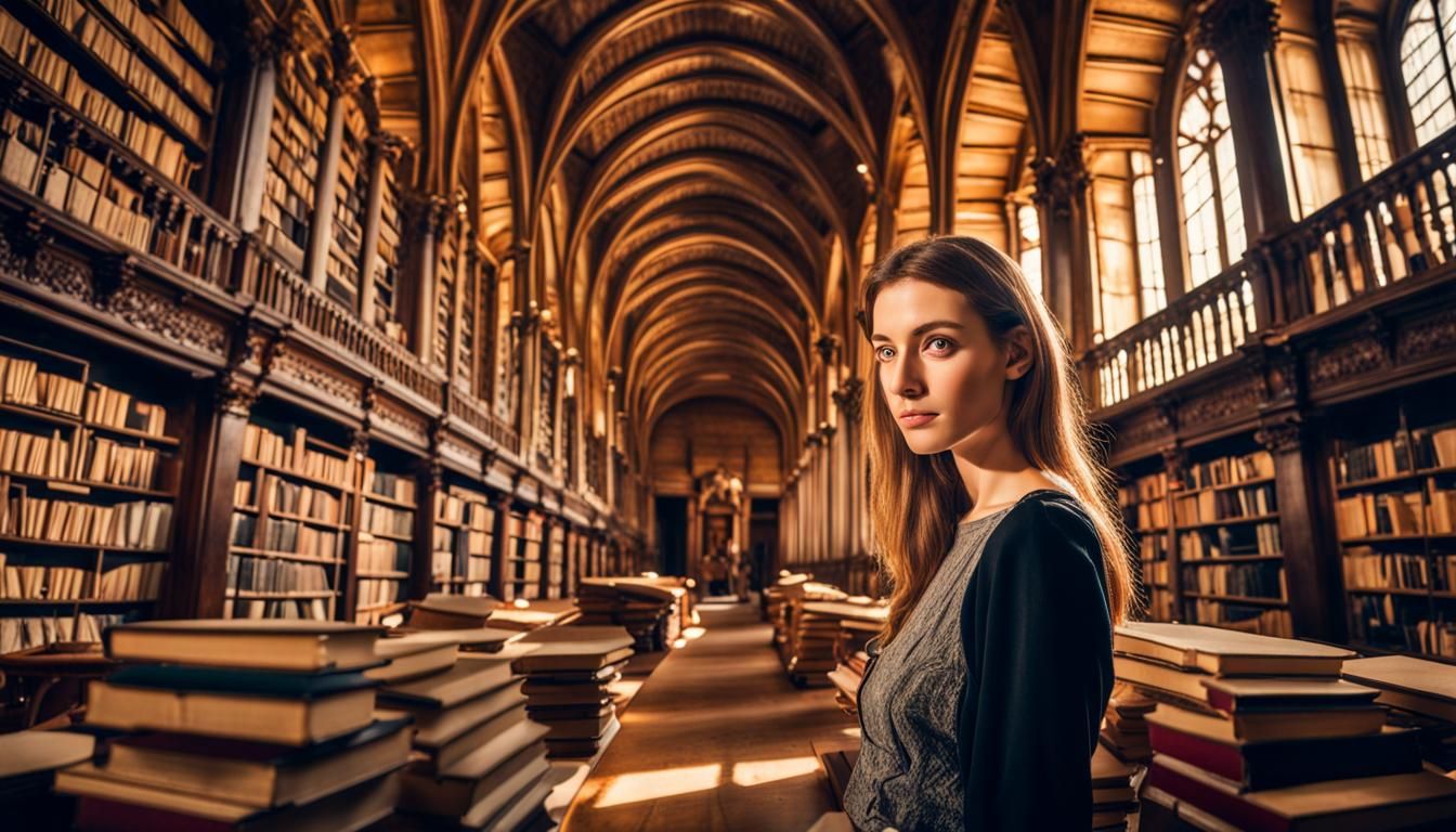 Young Woman in Medieval Library, Avedon Style
